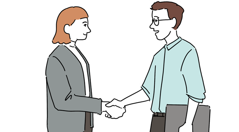 Illustration af to mennesker, der indgår et samarbejde og giver hånd på det