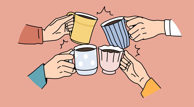 Illustration af fire hænder, der skåler i kaffe. 